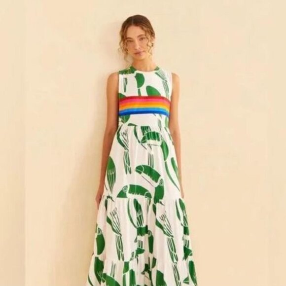 FARM RIO S Tiered Maxi Dress Rainbow Green Toucans White T-shirt Knit Comfy - Picture 1 of 9